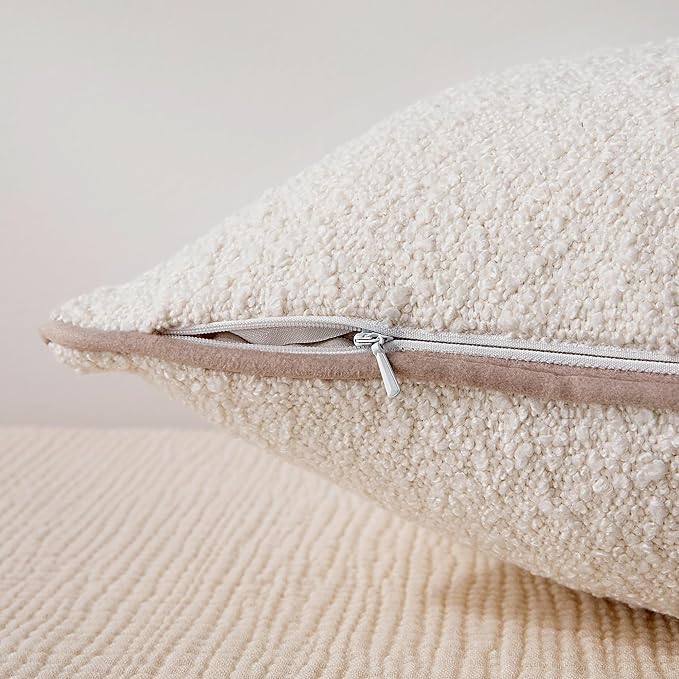 Amazon Basics Boucle Lumbar Throw Pillow Covers for Couch, Living Room, Home Decor with Hidden Zipper, White, 12×20in, Pack of 2