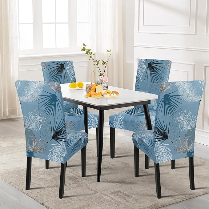 SearchI Summer Pattern Dining Room Chair Covers Set of 6, Stretch Printed Parsons Chair Slipcovers Spandex Removable Washable Kitchen Chair Protector Cover for Dining Room, Hotel, Ceremony (Blue)