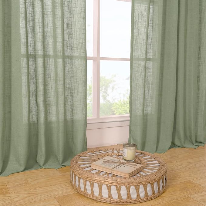 LAMIT Sage Green Linen Curtains 24 Inch Length, Semi Sheer Light Filtering Window Panels Back Tab and Rod Pocket Drapes for Basement/Small Windows, 25 x 24 Inch, 2 Panels