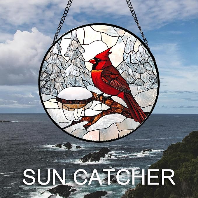 Stained Glass Window Hanging Cardinal Bird Winter Snow Scene 7.8" - Suncatcher Door Garden Sunroom Sun Catcher Home Decor Birthday Christmas for Mom Men Woman Nana