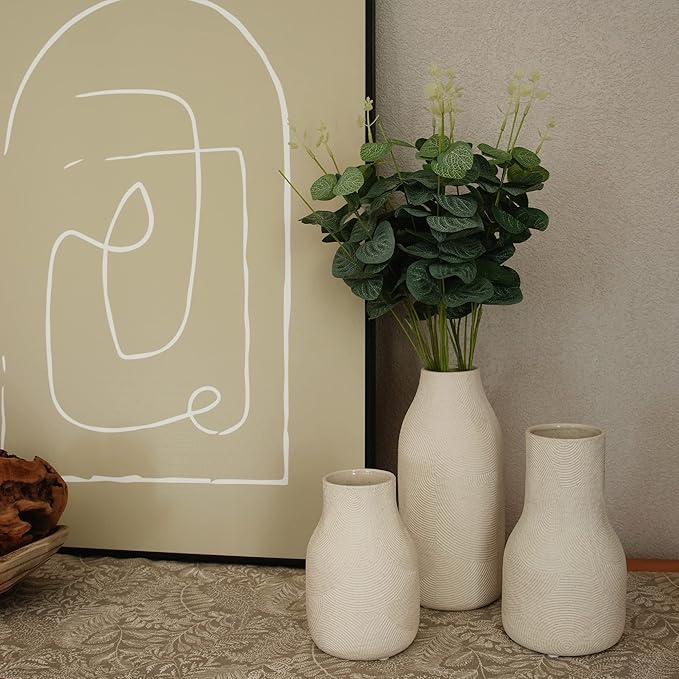 Ceramic Vases for Home Decor - Matte White Textured Vase Set of 3, Decorative Vases for Flowers, Pampas Grass Arrangement, Table Centerpieces, Office and Living Room Boho Decor