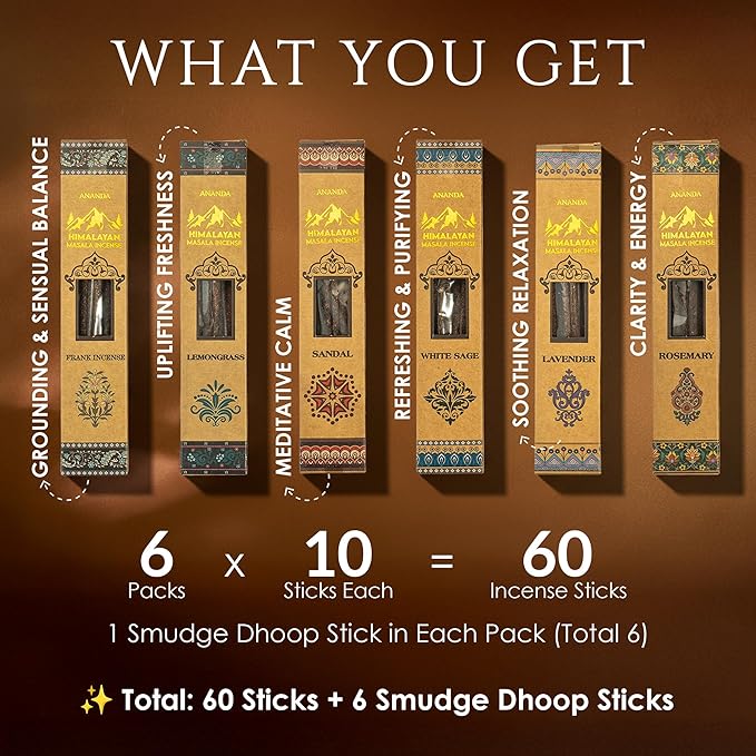 Himalayan Masala Smudge Incense | Patchouli, White Sage, Rosemary, Lemongrass, Sandalwood, Lavender | 60 Sticks + 6 Dhoop | Handcrafted for Meditation, Puja & Cleansing