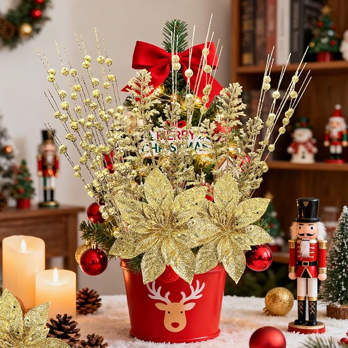 18 Pack Christmas Tree Ornaments Set, 17.5 Inch Gold Fake Christmas Picks Decorations with 2 Styles, Artificial Glitter Berry Stem Ornaments for Christmas Tree Wedding Small Vase Wreath Decor