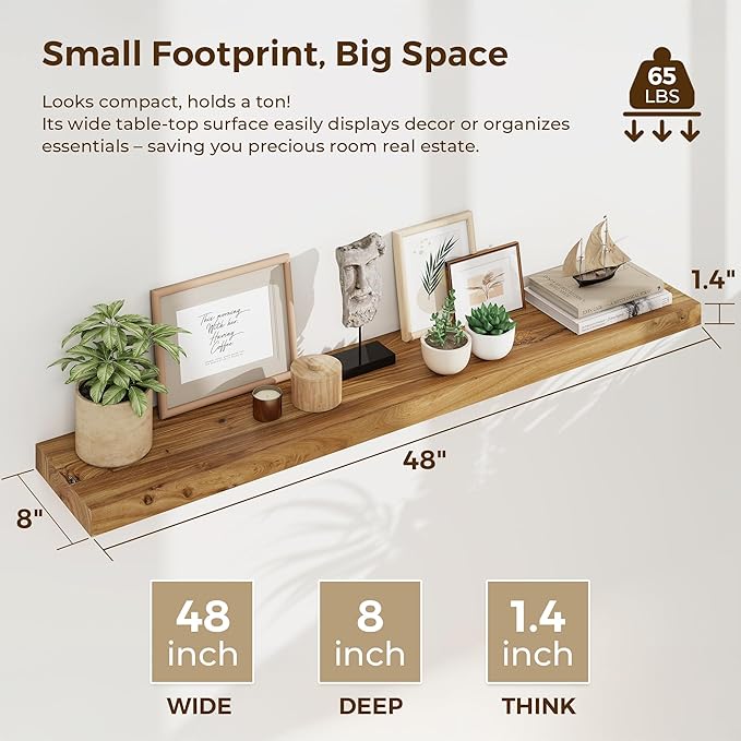 Rustic Wood Floating Shelves for Wall Decor, Elm Wood Shelves 48 Inch Long, 8 Inch Deep Floating Shelf with for Living Room Bathroom Bedroom Kitchen, 48 x 8 Wall Shelves Set of 1, Natural Color