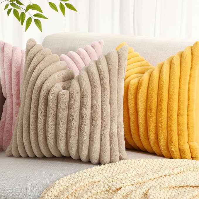 decorUhome Faux Fur Christmas Throw Pillow Covers 22x22 Set of 2, Decorative Soft Plush Striped Neutral Couch Euro Pillow Covers with Velvet Back for Sofa, Bed, Living Room Home Decor, Pink