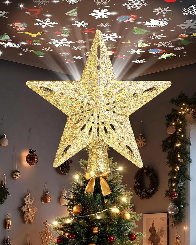 Christmas Tree Topper Star Lighted with 32.8ft Breathing Flickering String Lights & 6 LED Projection Modes, Gold Christmas Star Topper for Indoor Xmas Holiday Tree Decoration