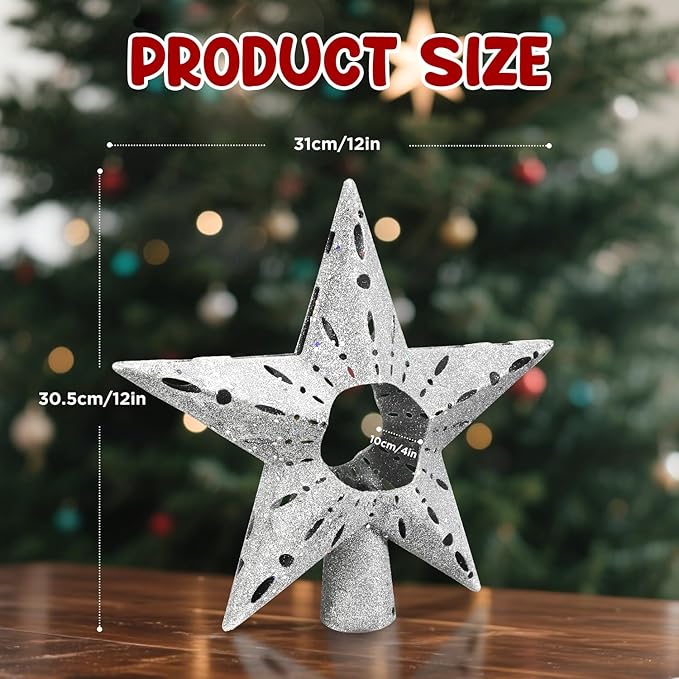 Silver Christmas Tree Topper Star, 12 Inch Glitter Tree Top Decoration, Sparkling Star Ornament for Christmas Tree, Durable ABS Plastic Holiday Decor Accessory, Xmas Tree Topper for Home and Party