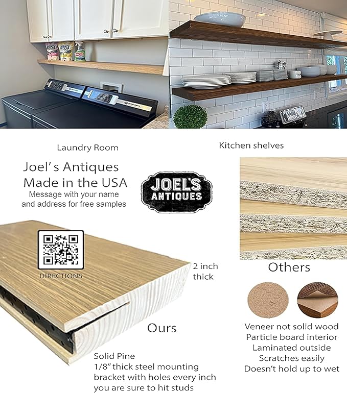 joelsantiques - 36 Inch Wooden Floating Shelves for Wall - 36x10x2 in - Made of Natural Wood - Long Heavy Duty Rustic Wall Shelves for Bedroom - Perfect for Living Room, Kitchen - Black