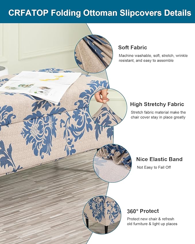 CRFATOP Printed Rectangle Ottoman Stool Cover Stretch Folding Storage Footstool Bench Slipcovers Upholstered Foot Chest Chair Covers Washable Entryway Furniture Protector with Elastic Bands,S,12