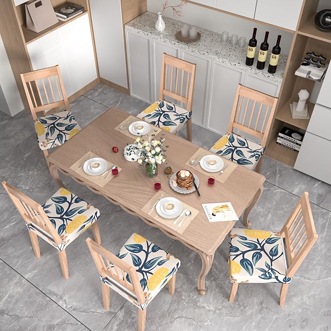 Stretch Dining Chair Seat Covers Set of 4,Dining Chair Slipcovers, Floral Printed Chair Covers,Soft Fabric Washable Upholstered Chair Seat Protector, No Rear Covers for Home Kitchen Dining Room