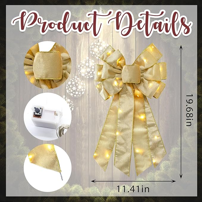 Hying Large LED Christmas Bows for Wreath, Merry Christmas Wreath Bow Champagne Velvet Bows with LED Lights Xmas Tree Topper Bows for Front Door Happy New Year Christmas Party Decoration Supplies