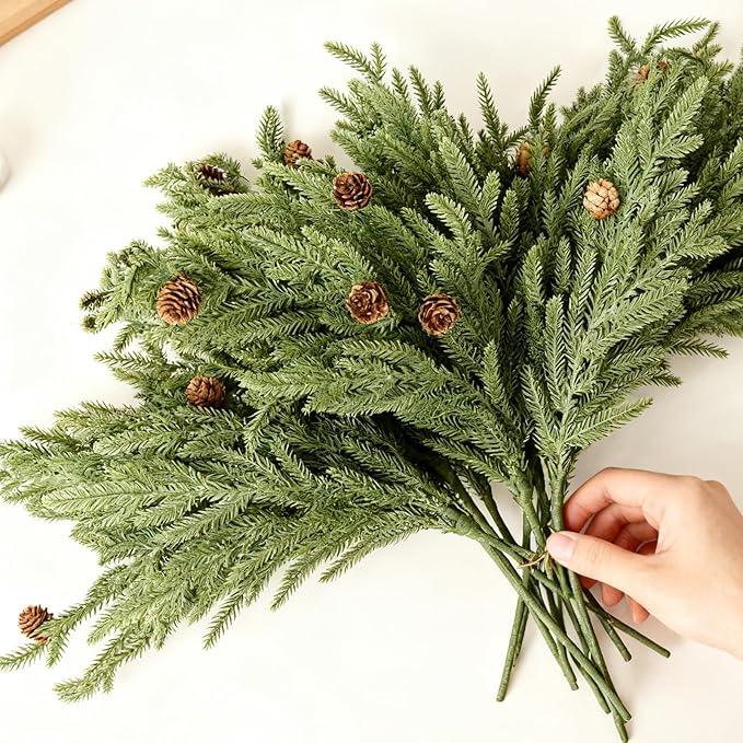 DN DECONATION Artificial Christmas Norfolk Pine Stems, Faux Pine Branches with Cones 22.4" 12PCS - Greenery Fake Pine Needles for Vase Arrangements, Winter, Holiday Indoor Outdoor Home Decor