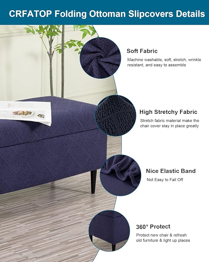 CRFATOP Jacquard Ottoman Stool Cover Stretch Folding Storage Footstool Bench Slipcovers Upholstered Foot Chest Chair Covers Washable Entryway Furniture Protector with Elastic Bands,L,Purplish Blue