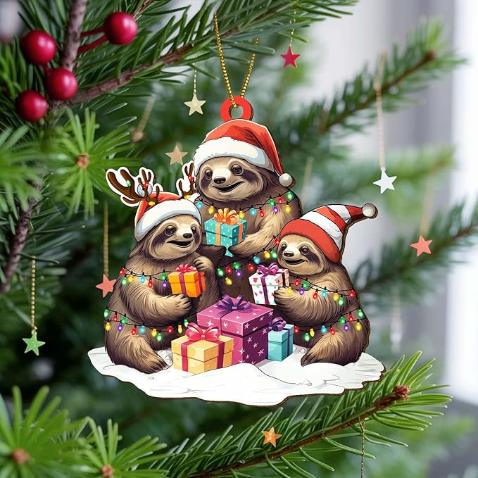 2-Sided Printed Sloth Family Wooden Christmas Ornament, Keepsake for Women, Men & Friends, Cute Sloth Christmas Tree Decoration