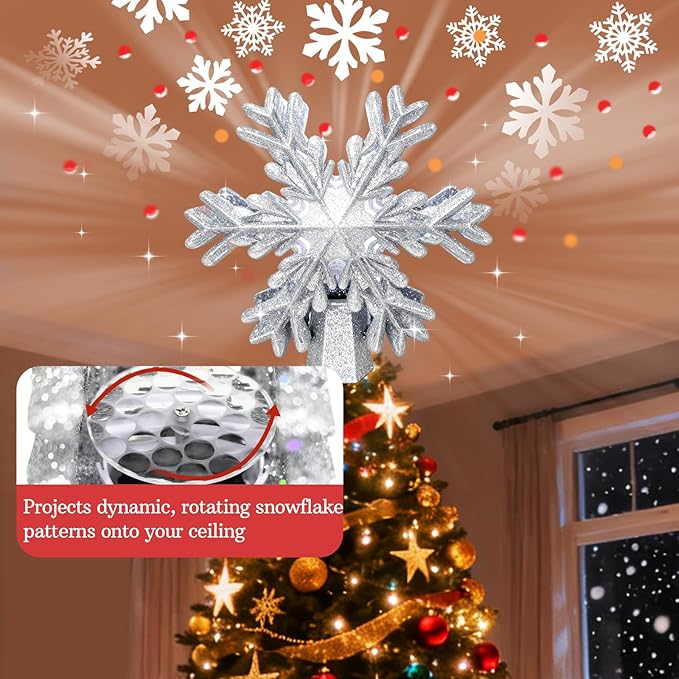 Christmas Tree Topper Lighted - Glitter Christmas Snowflake Tree Topper with Built-in LED Rotating Projector - Dynamic Snowflake Projection for Christmas Decorations（Sliver）