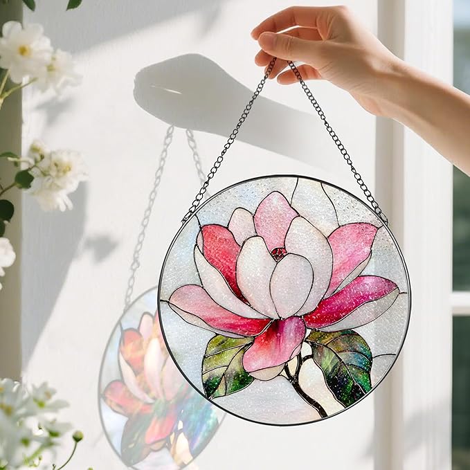 8-Inch Stained Glass Ornament, Stained Glass Window Hanging, Window Hanging Decor Suncatcher, Magnolia Flower Ornament | Holiday, Mother's Day, Birthday | Gifts for Nature and Garden Lovers