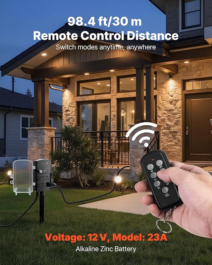 VEVOR Outdoor Power Stake Timer, 100FT Extension Cord, Remote Control Outdoor Power Strip with Cover, Dusk to Dawn Light Timer Waterproof, 6 Outlets for Halloween Christmas Lights, Garden Decorations