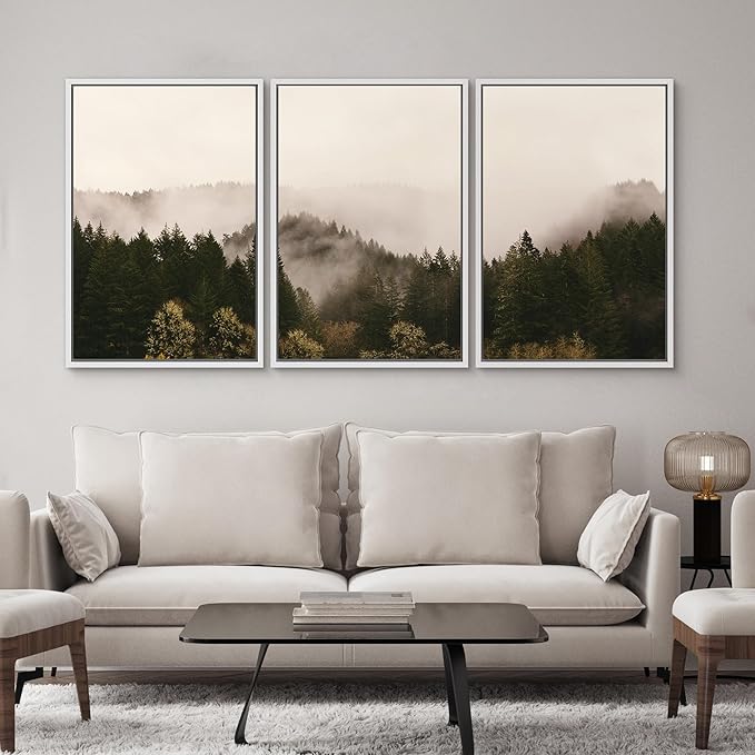 SIGNWIN 3 Piece Framed Canvas Wall Art Brown Foggy Mountains Nature Wilderness Photography Abstract Rustic Canvas Prints Home Artwork Decoration for Living Room,Bedroom - 24"x36"x3 White