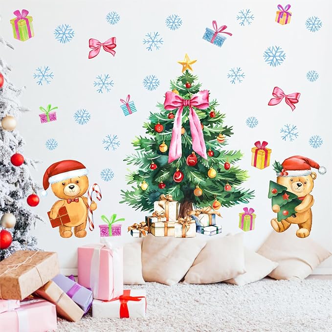 Large Christmas Tree Wall Decals Removable Watercolor Giant Pine Tree Wall Stickers Snowflake Wall Decals Peel and Stick Holiday Christmas Party Decorations