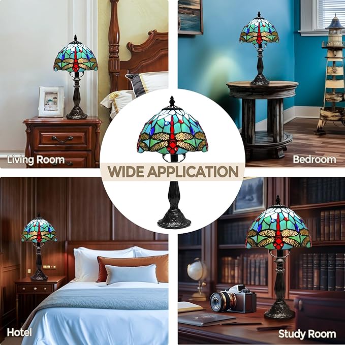 Tiffany Lamp Dragonfly Stained Glass Table Lamp, 8 Inch Antique Desk Lamp with LED Bulb, Desk Reading Light for Bedroom Living Room Office Table Lamps for Bedside Nightstand Gift