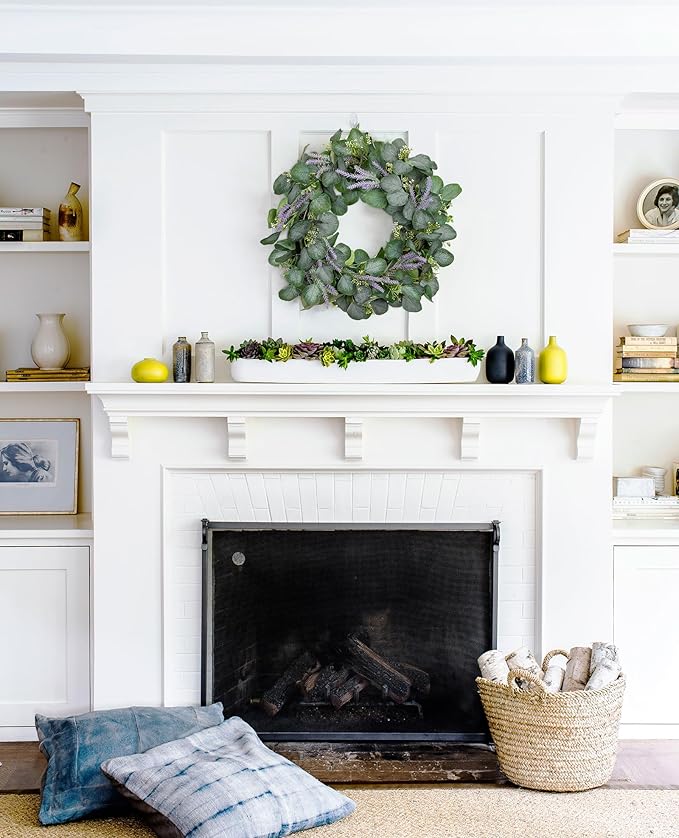 Briful Artificial Greenery Wreath 16in Eucalyptus Door Wreath with Lavender Spring Summer All Season Eucalyptus Floral Hanging Wreath for Home Wall Window Fireplace Farmhouse Decor
