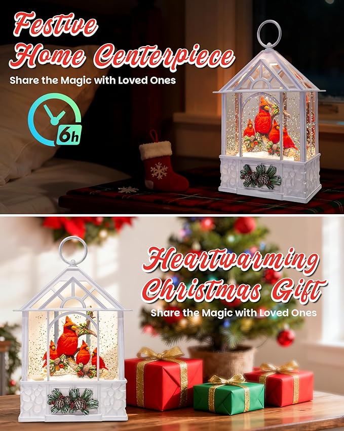 Large Christmas Cardinal Snow Globe Light up Lantern with 8 Songs, 9.84" White Christmas Snow Globes for Kids Adults, 6H Timer & Dual Power, Snowglobes Christmas Decorations Indoor Gifts Women Men