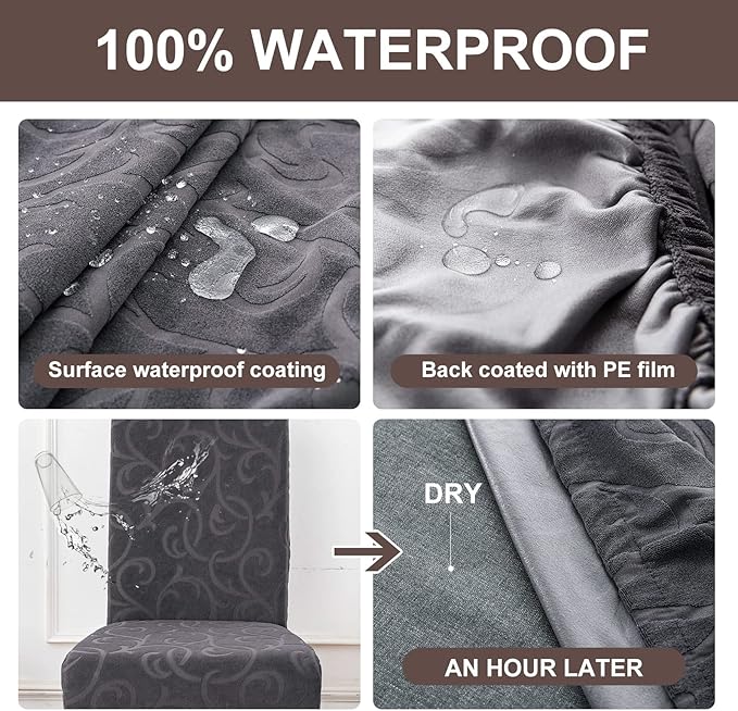 Genina Waterproof Dining Room Chair Covers Stretch Parsons Chair Slipcovers for Dining Room Kitchen Chair Protector Cover, Removable, Washable (4, Flower Pattern-Dark Gray)