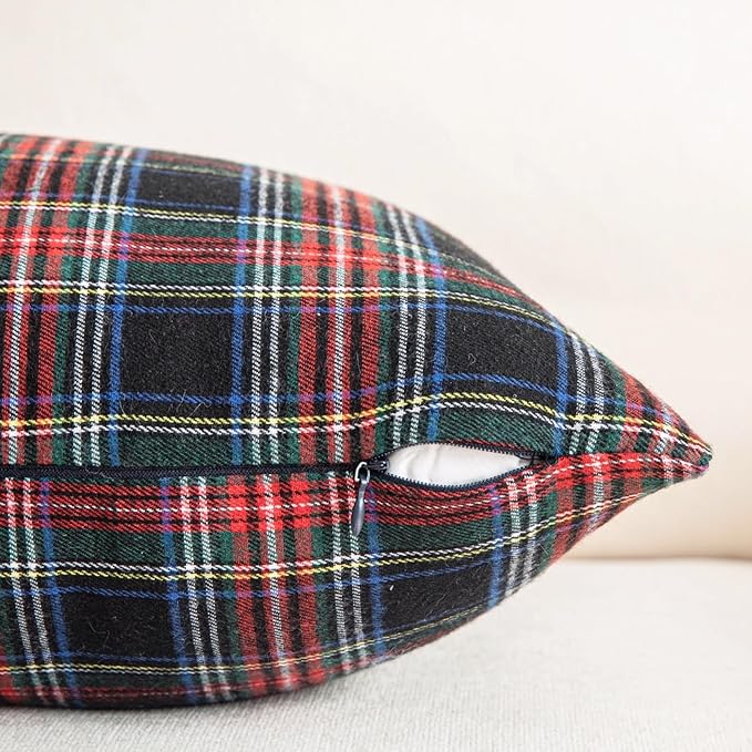 AQOTHES Pack of 2 Christmas Plaid Decorative Throw Pillow Covers Scottish Tartan Cushion Case for Farmhouse Home Holiday Decor Red and Black, 18 x 18 Inches