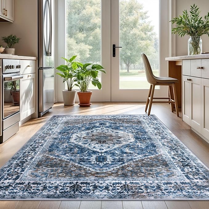 KOZYFLY Boho Area Rug 5x7 Ft Thin Rugs for Living Room Washable Bedroom Rug Non Slip Rugs for Living Room Blue Printed Faux Wool Vintage Bedroom Rug Floor Carpet for Dining Room
