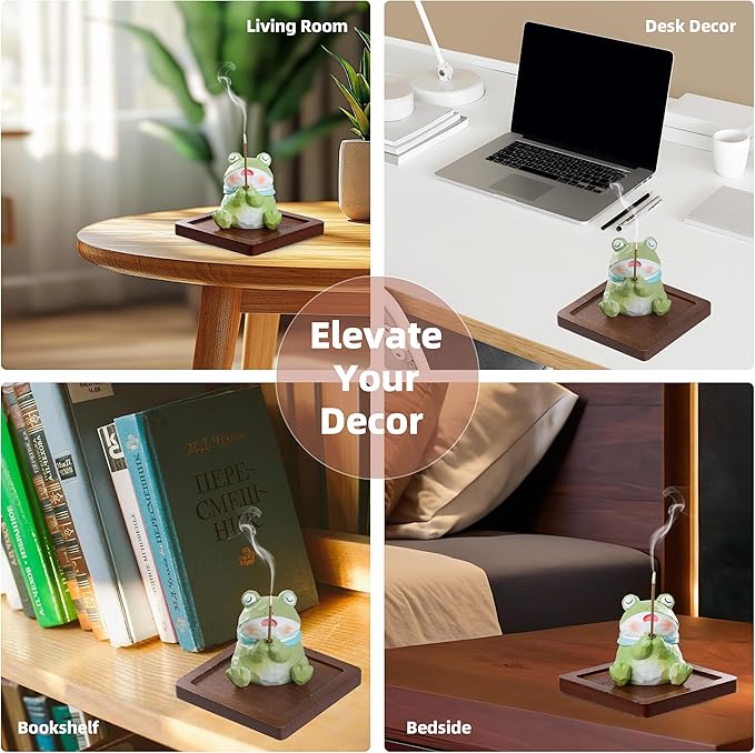 Lionpower Incense Holder for Sticks with Burner & Ash Catcher - Resin Frog, Wooden Tray, 10 Incense Sticks for Meditation Yoga Spa, Cute Home Decor Room Accessories (Frog)