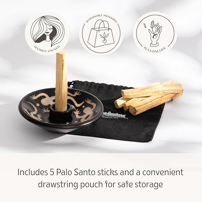Luna Sundara Authentic Peru Pottery Palo Santo Stick Holder and Incense Holder with 5 Palo Santo Sticks Handmade Ceramic Smudge Bowl Sage Holder Black and White Lizard Gift Set