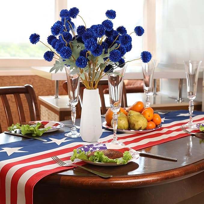 Hananona 12 Piece Artificial Chrysanthemum Flowers, Blue Mini Kiku Pom Pom Mums Patriotic Flower Faux Floral Arrangements 4th of July Centerpiece for Home Kitchen Decor (12, Blue)