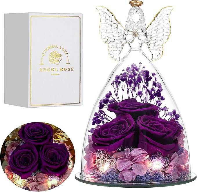 Christmas Rose Gifts for Women Preserved Real Flower in Glass Angel Figurines Roses for Delivery Prime Birthday Gifts for Mom Grandma Girlfriend Wife Her, Full Purple
