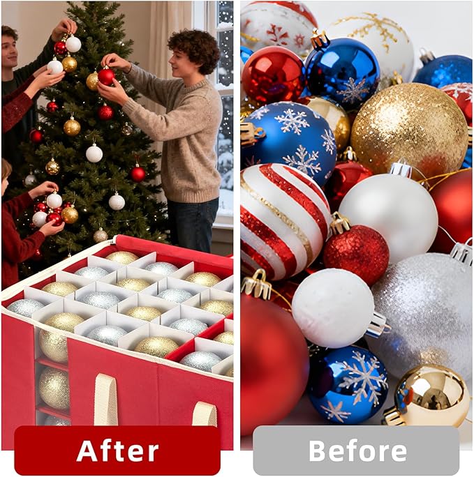 Christmas Visible Ornament Storage Box with Adjustable Dividers/Side Pockets,Ornaments Organizer with Zipper, Storage Container Bin for Christmas Decorations(128 Ball, Red, without Tray)