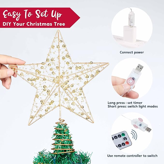JOIEDOMI 9.5inch Metal Beaded Christmas Star Tree Topper, 20LED Warm White Lights Golden Tree Topper, USB Powered Remote Control for Christmas Tree Decorations Home Holiday Party Indoor Decor