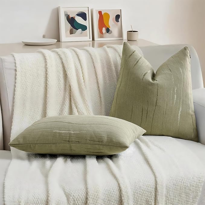 HAUSSY Olive Green Throw Pillow Covers 24x24 Inch Set of 2, Boho Embossed Striped Textured Decorative Pillowcases Soft Chenille Cushion Cases, Modern Home Decor for Couch Bed Living Room