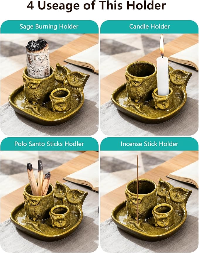 Comeon Palo Santo Holder, 4 in 1 Ceramic Owl Backflow Incense Burner Holder Candle Holder Sage Holder for Burning Bow(Yellow)