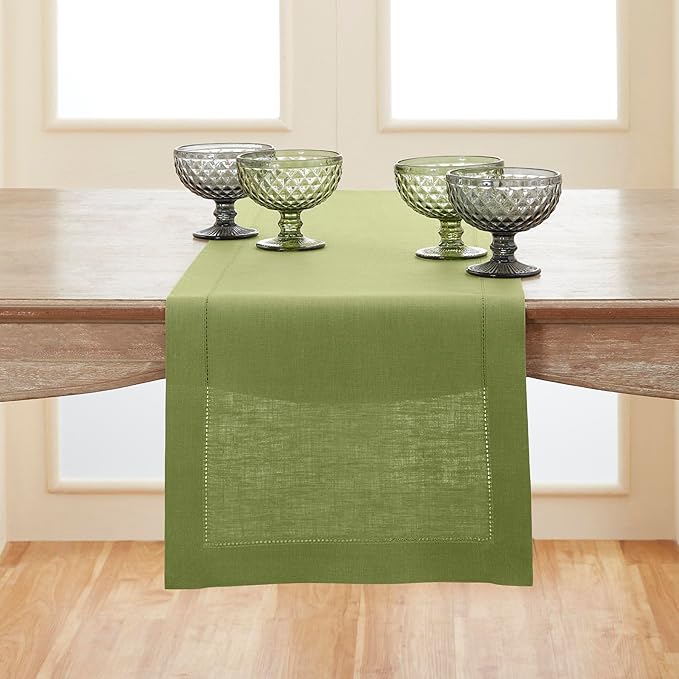 Solino Home Linen Moss Green Table Runner 144 Inches Long - 100% Pure Linen Extra Long Table Runner 14 x 144 Inch for Spring, St Patricks Day, Easter - Classic Hemstitch