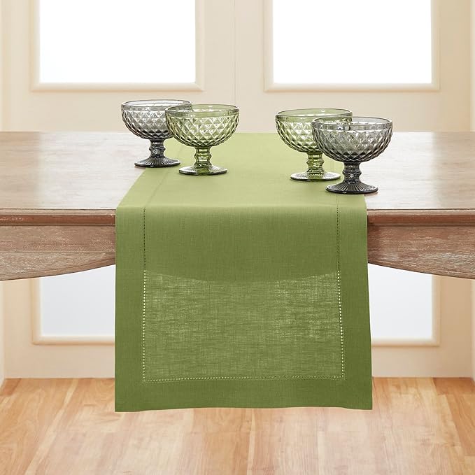 Solino Home Linen Moss Green Table Runner 72 Inches Long - 100% Pure Linen Hemstitch Table Runner 14 x 72 Inch for Dresser, Dining, Winter, Spring, Easter, St Patricks Day - Classic Hemstitch