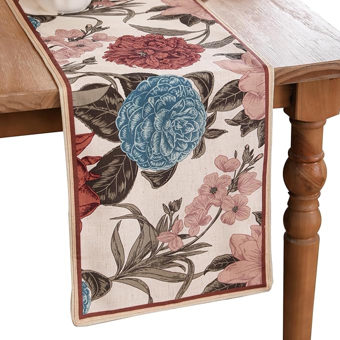 Linen Fall Table Runner 87 Inches Long,Vintage Rustic Farmhouse Blue and Red Flower Table Runners,Table Decoration for Christmas Thanksgiving Home Party Kitchen.12*87"-Burgundyred