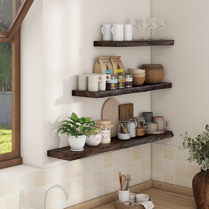 Axeman 36 inch Floating Shelves for Wall - 8'' D Live Edge Rustic Solid Elm Wood Floating Shelves Wall Mounted, Wall Shelves with Invisible Bracket for Living Room Bedroom Kitchen, Set of 2 Walnut