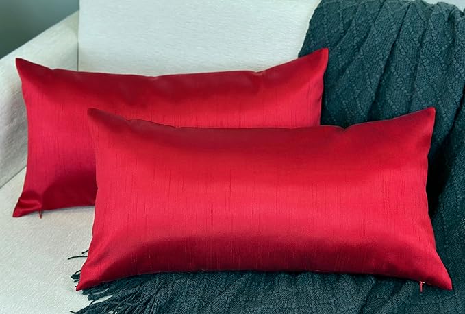 Aiking Home 12x24 Inches Faux Silk Rectangular Throw Pillow Cover, Zipper Closure, Red (Set of 2)
