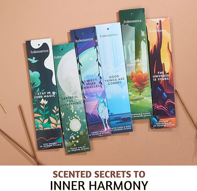 Folkulture Incense Sticks | Set of 6 (120 Xmas Insence-Sticks) | 45 Mins Burn Time | White Sage, Sandalwood, Oud Orient, Amber Space| Organic Inscents-Stick for Women