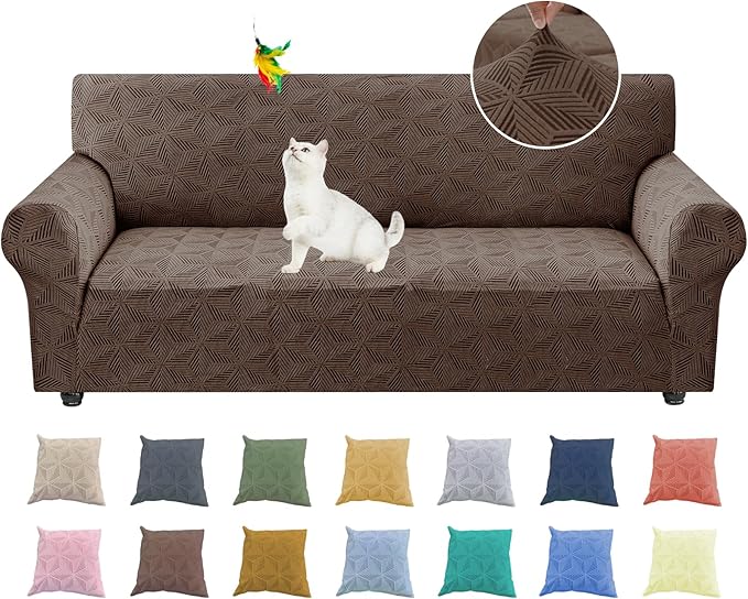 YEMYHOM 1 Piece Stretch Couch Covers for 3 Cushion Couch, Jacquard Sofa Cover with Non-Slip Elastic Bottom, Thickened Slipcover Furniture Protector for Dogs Pets (Large, Brown）