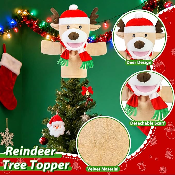 Eyourlife Reindeer Christmas Tree Topper, 11 Inch Plush Stuffed Deer Tree Topper with Red Santa Hat and Scarf, Farmhouse Animal Treetop for Christmas Winter Woodland Holiday Indoor Outdoor Tree Decor