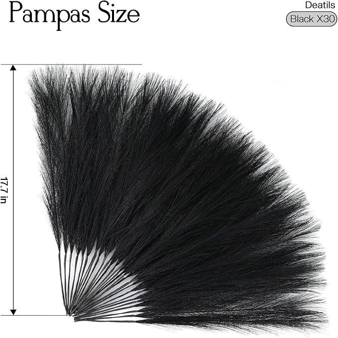 Faux Pampas Grass Decor 17.7 Inch 30pcs, Artificial Pampas Grass Fluffy Home Decor, Short Vase Room Decor pompous Grass Flower Arrangement for Boho Home Wedding Decoration (Black)