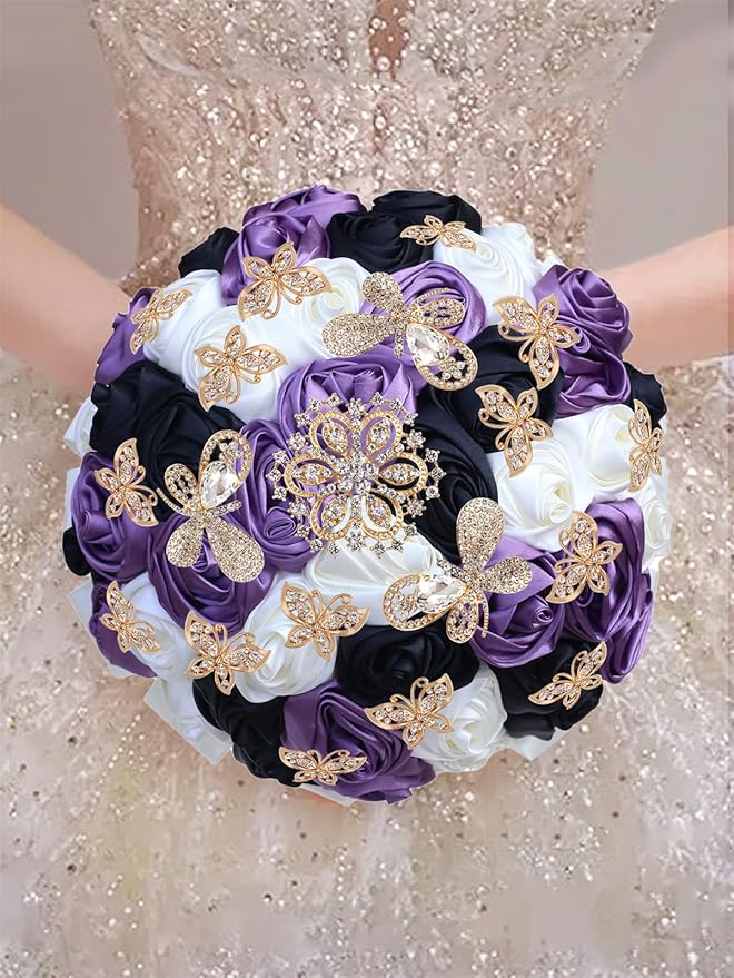 Handmade Floral Satin Rose Butterfly Shape Rhinestone Bridal Bouquet Luxury Golden Rhinestone Artificial Flowers for Wedding