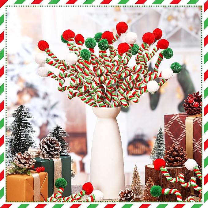 Norme 12 Pcs 13.8 Inch Christmas Tree Picks Christmas Tree Topper Decoration Red Green and White Artificial Curly Stem with Ball Pompom Ornament for Xmas Vase Filler Wreath Craft Supplies