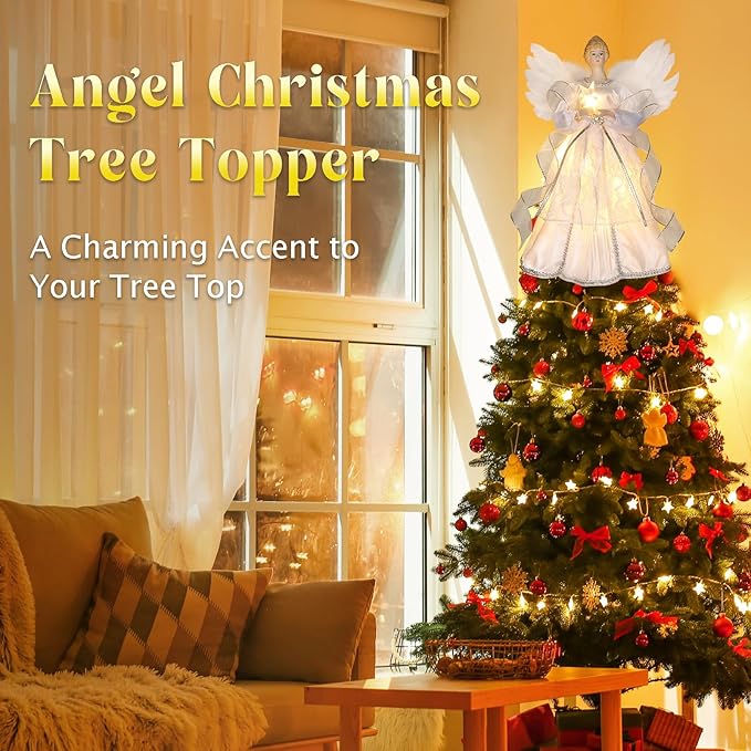 12.5" Angel Christmas Tree Topper with Lights, Lighted Angel Tree Topper with White Feather Wings and Star Light, Remote Control, Timer & USB Powered for Indoor Holiday Tree Decoration