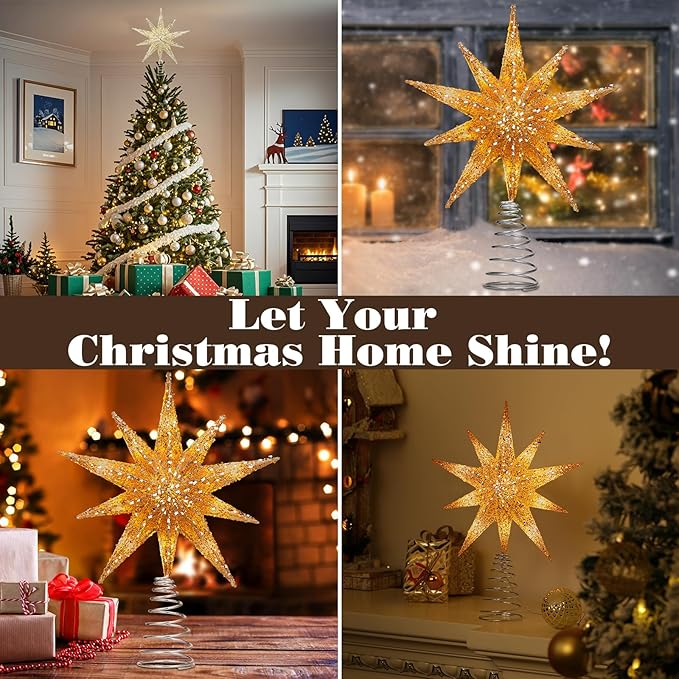 Lewondr Christmas Tree Topper Star, 13 Inch 10-Pointed Light Up Xmas Star Treetop with Plug and Remote Control for Home Christmas Decoration, 6H Timer & 8 Lighting Modes, Warm Light, Gold